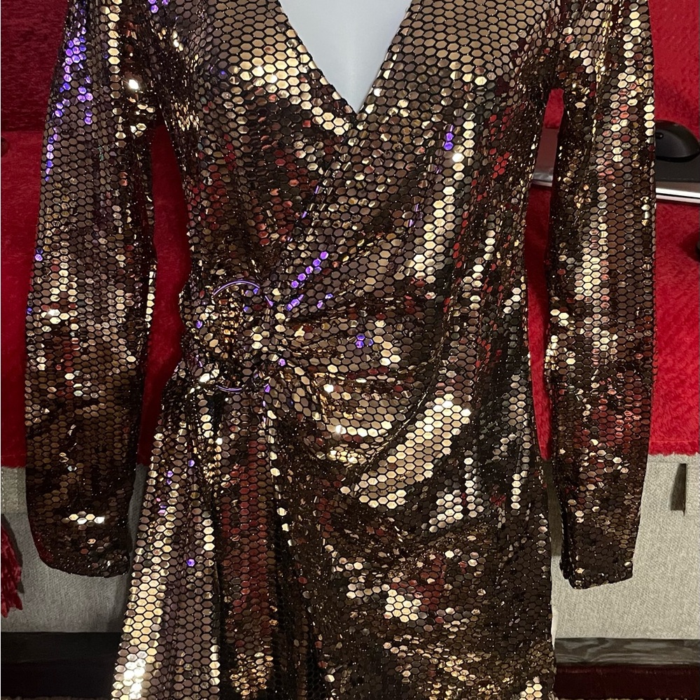 Fashion Nova Metallic Sequin Long Sleeve Wrap Dress - Gold